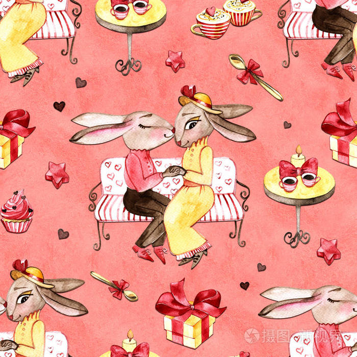 手龙兔子的爱情.情人节.兔子和心脏.白色背景上的水彩插图.明信片.