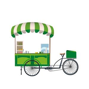 街头食品车, 自行车咖啡厅摊位与东西概念矢量插图, 模板, 平面卡通设计风格隔离
