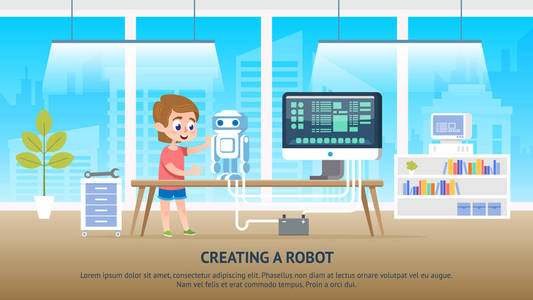 学校的孩子角色在课堂上创造机器人