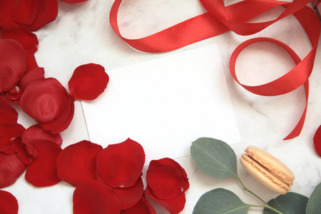 s day. red silk ribbon. symbol of love. cards design, macaroons