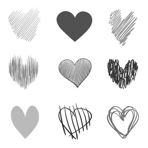 在孤立的白色背景上，手工绘制的粗糙的心。 一套爱的标志。 独特的设计图像。 线条艺术创作。 黑白插图。 海报或传单的元素