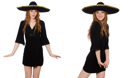 年轻的红头发的女士在黑色礼服与黑色的 sombrero