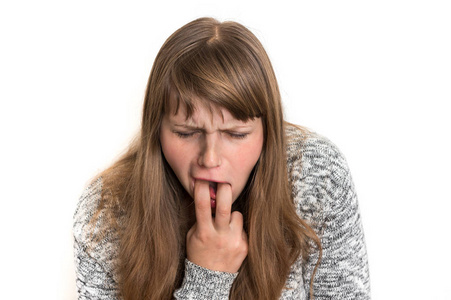 从白色呕吐概念中分离出恶心的妇女照片