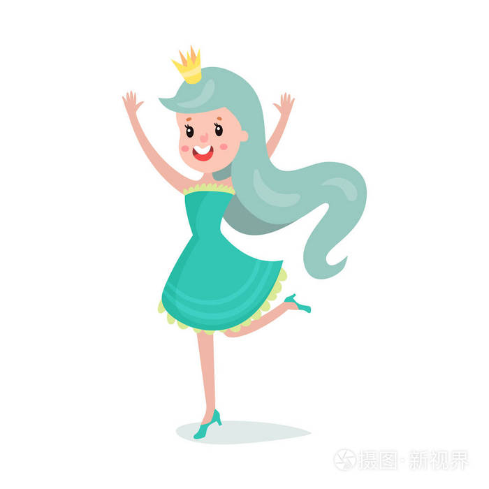 美丽的卡通公主女孩的性格与绿松石头发穿着短裙和皇冠五颜六色的矢量