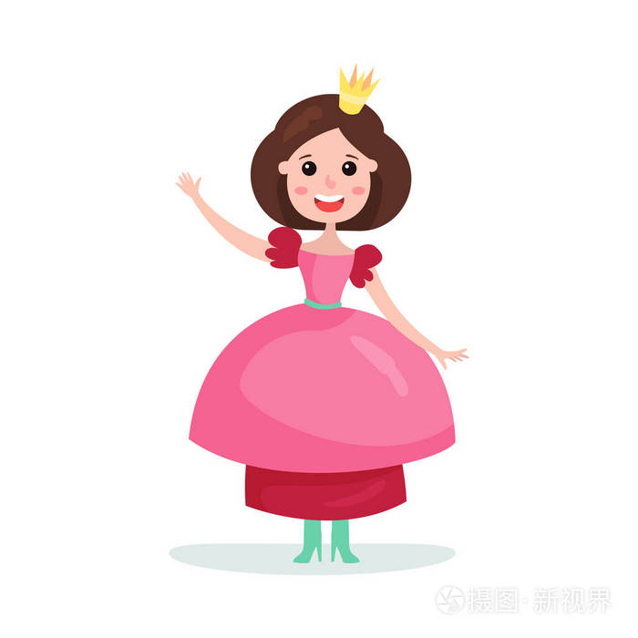 美丽的卡通黑发公主女孩字符在粉红色的球礼服和冠五颜六色的向量例证