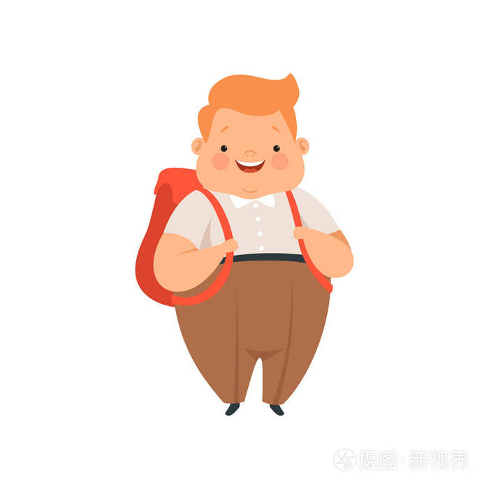 超重男孩站在背包, 可爱的胖乎乎的儿童卡通人物矢量插图在白色背景