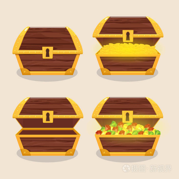 一套图标与动画片闭合和打开木海盗箱子