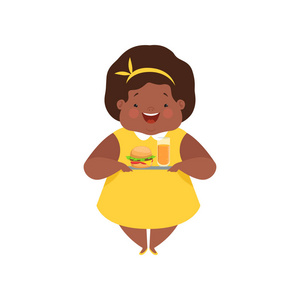 愉快超重非洲裔美国女孩与垃圾快餐, 可爱的胖乎乎的孩子卡通人物向量