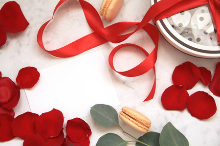 s day. red silk ribbon. symbol of love. cards design, macaroons