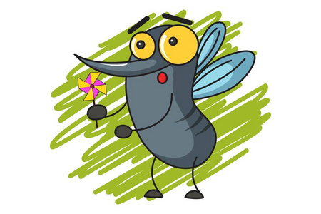 矢量卡通插图可爱的蚊子与花.孤立在白色背景上.照片