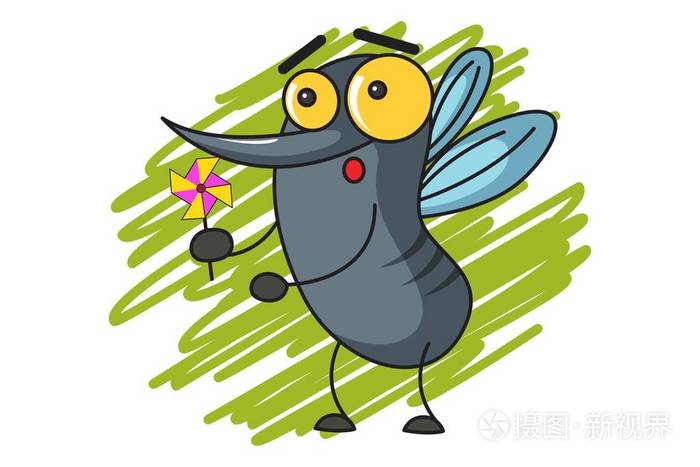 矢量卡通插图可爱的蚊子与花孤立在白色背景上