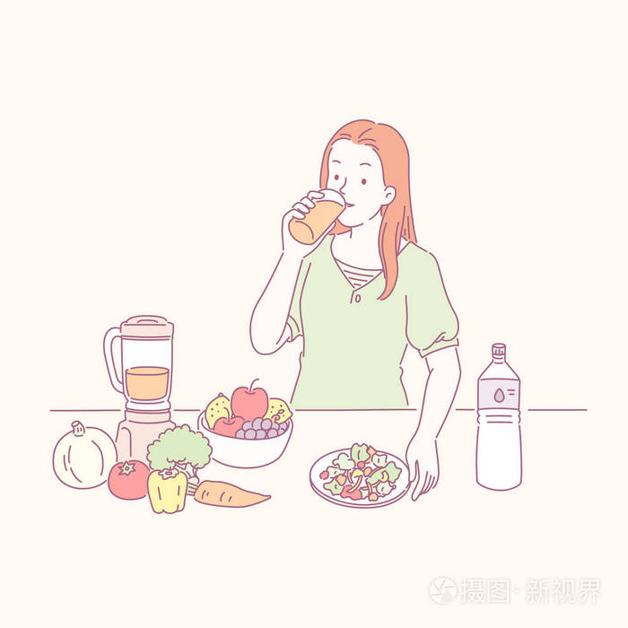 女士在餐桌上喝健康果汁和蔬菜插画-正版商用图片16t12w-摄图新视界