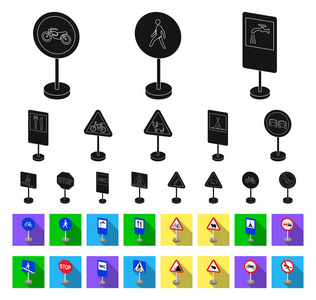 不同类型的路标黑色, 平面图标在集合中进行设计。警告和禁止标志矢量符号股票 web 插图