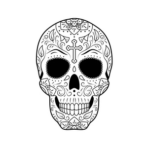 黑白天的死糖头骨与详细的花卉装饰。 墨西哥符号卡拉韦拉。 手绘线矢量插图。 纹身素描与十字图案，花和叶。