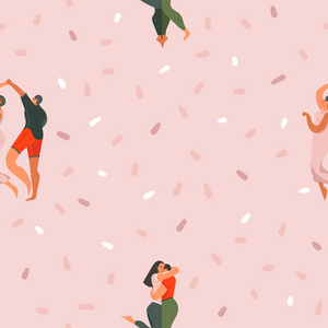 手绘矢量抽象卡通现代图形快乐情人节概念插画艺术无缝图案与跳舞的