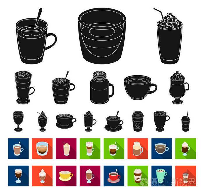 不同种类的咖啡黑, 平面图标集集设计。咖啡饮料向量标志股票网例证