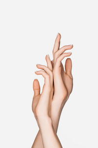 女人用双手隔着白色做手势