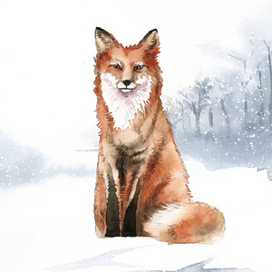 手绘狐狸在雪水彩风