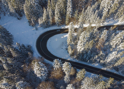 冬季山区景观道路。 森林鸟瞰图