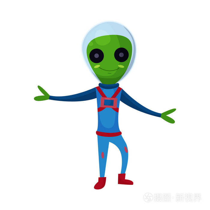 身穿蓝色航天服的大眼睛微笑绿色外星人,外星人正面人物卡通矢量图
