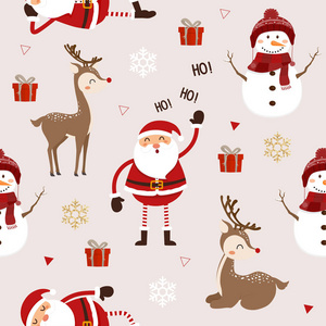 圣诞老人条款鹿雪人和礼物的无缝图案。 可爱的圣诞假期卡通漫画