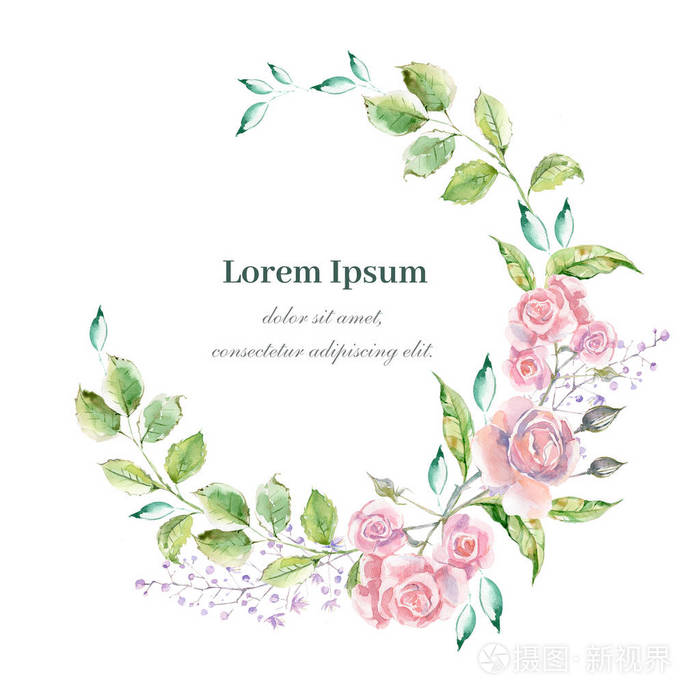 水彩花环用于婚礼或浪漫设计花卉构图自然美手绘插图