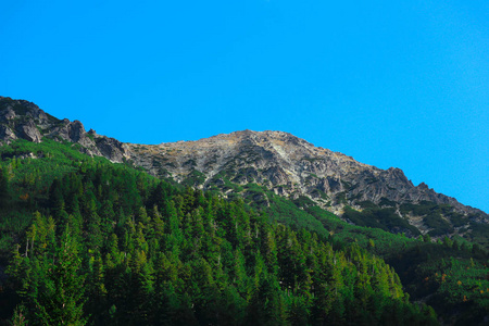 美丽的景色在高高的青山峰上的蓝天背景. 高山徒步天堂景观没有人.