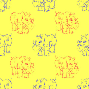 卡通犀牛无缝图案黄色背景