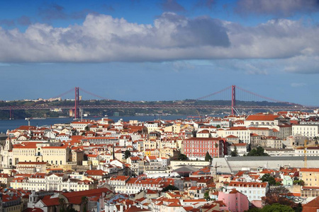 葡萄牙的里斯本城市景观。 从米拉杜罗观点与塔格斯河和25德阿布里勒桥的城市视图。