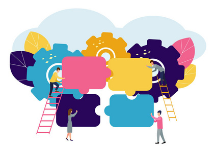 一群商人参与拼图, 是为了支持团队, 头脑风暴还是成功, 找到完美的