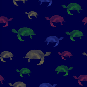 彩色海龟图标无缝图案蓝色背景