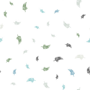 浅蓝绿色矢量无缝涂鸦图案与叶子。 创造性的插图，模糊的风格与叶子。 织物壁纸设计图案。