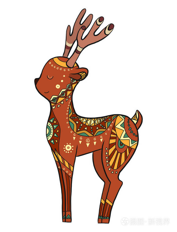 可爱的彩色卡通鹿与博霍图案本地插图明信片彩页和创意的矢量涂鸦元素