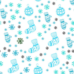 浅蓝色，绿色矢量无缝图案与圣诞雪花，球，袜子，手套。圣诞风格的彩色装饰设计。模板为名片，网站..