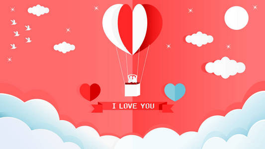 纸艺风格矢量插图平面设计甜蜜情人节卡片的红白心形气球在墙上的角落的房间。