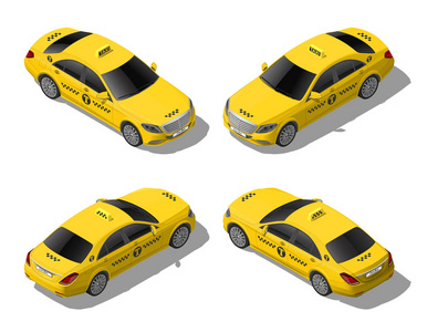 等距3D平板黄色出租车一套。 商务或贵宾城市交通服务。 高质量的详细矢量插图隔离白色背景