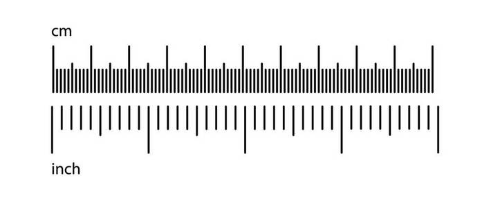 以英寸和厘米为单位的标尺比例.用数字测量刻度, 用标尺标记.