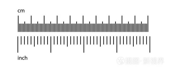 以英寸和厘米为单位的标尺比例.用数字测量刻度, 用标尺标记.