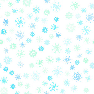浅蓝绿色矢量无缝布局与明亮的雪花。 模糊装饰设计在圣诞节风格与雪。 纺织品壁纸设计。
