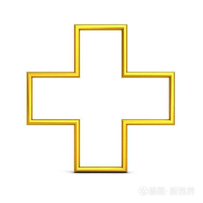 金色加号符号隔离在白色背景与阴影和反射3d渲染