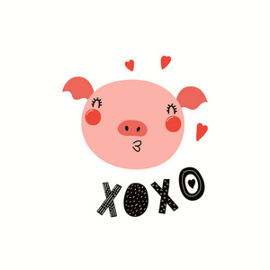 手绘情人节卡片与可爱有趣的猪心文字xoxo隔离在白色背景。 矢量图。 斯堪的纳维亚风格的平面设计。 儿童问题
