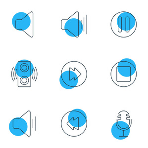9个旋律图标线条风格的矢量插图。可编辑的停止向上声音扬声器和其他图标元素
