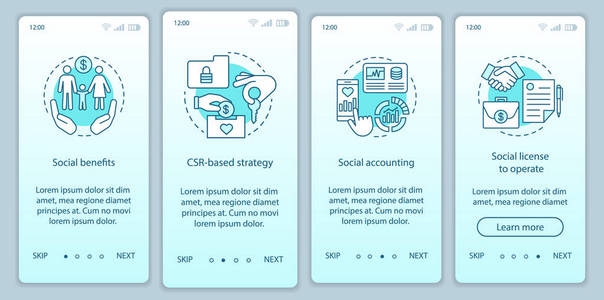 CSR入职移动应用程序页面屏幕矢量模板。 企业社会责任演练网站步骤。 社会福利会计许可证。 UXUI Gui智能手机界面概念