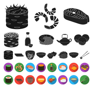 寿司和调料黑色, 平面图标在集合集合设计。海鲜食品, 配件向量标志股票网例证