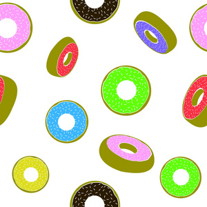 甜釉的彩色甜甜圈无缝图案的白色背景。 快餐的质地