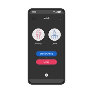 约会应用程序接口向量模板。 移动应用程序界面黑色设计布局。 智能手机在线约会应用程序。 平面UI。 电话显示与男女匹配。 开始聊