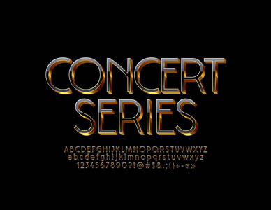 矢量金色别致标签音乐会系列。 优雅的3D字体。 豪华光滑的黑色字母，数字和符号。