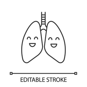 微笑的人肺线性图标。 呼吸系统健康。 细线插图。 健康的肺系统。 轮廓符号。 矢量孤立轮廓绘制。 可编辑行程