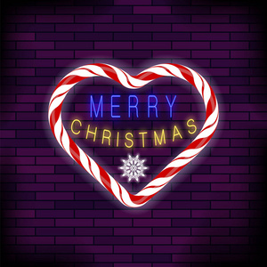 圣诞快乐五颜六色的霓虹灯标志与糖果心砖背景