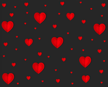 红色和黑色折纸纸心背景。 情人节的概念。 爱的感情温柔的设计。 矢量插图